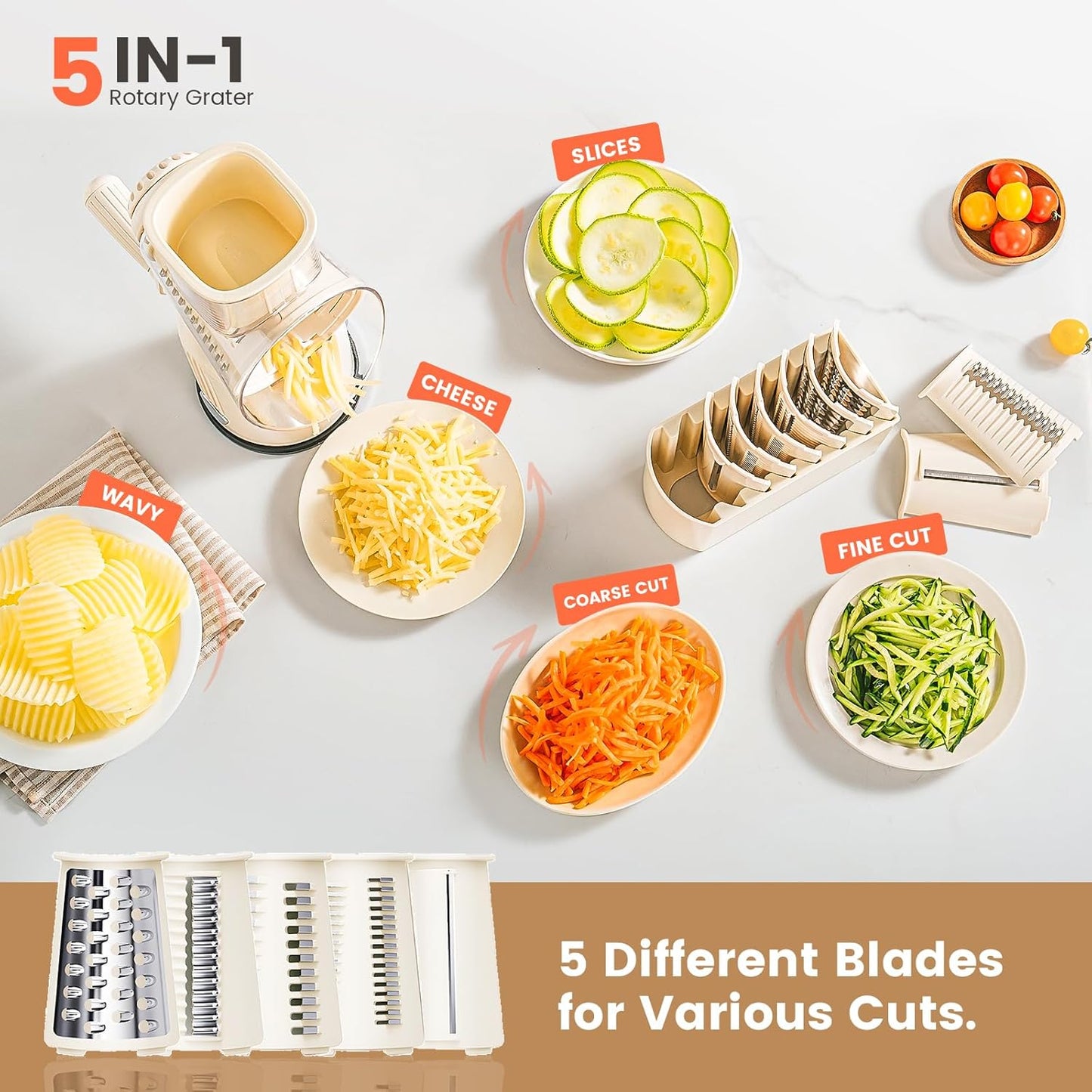 Rotary Cheese Grater Hand Crank,Emojoy 5-in1 Cheese Shredder Vegetable Chopper with Strong Suction Base, Rotary Cheese Graters for kitchen with Blade Storage Box, Included Cheese Slicer and Peeler