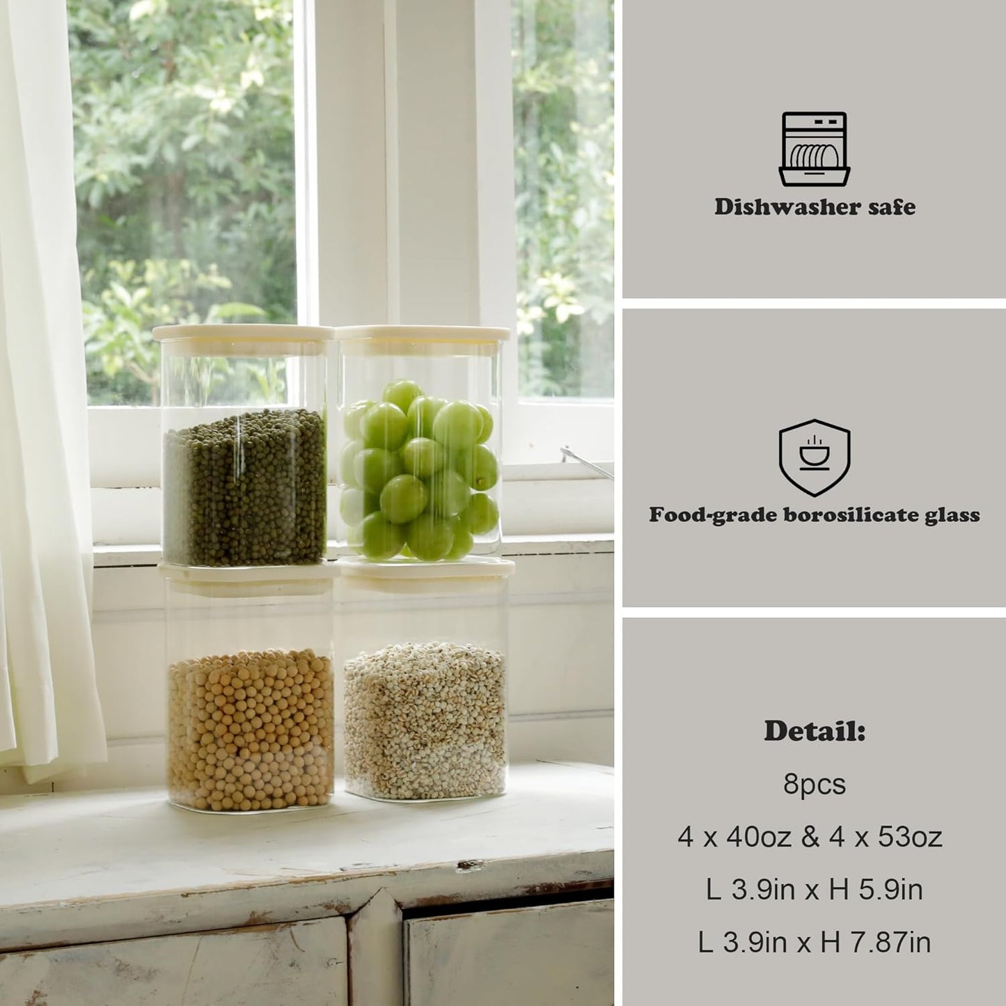 8pcs Square Pantry Glass Jars with Clear Airtight Lids Kitchen Canisters Sets for Flour, Sugar Refrigerator Safe, Available in 2 Sizes: 40oz / 54 oz, Patent Approved