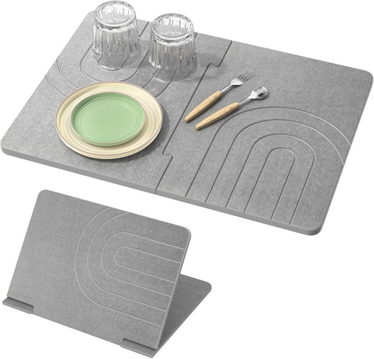 Luxspire Large Stone Drying Mat for Kitchen Counter 24"x16"- Fast-Absorbing Dish Drying Mat Non-Slip Drying Pad for Dishes, Utensils, Cups Waterproof Counter Protector for Kitchen Bathroom, Dark Gray