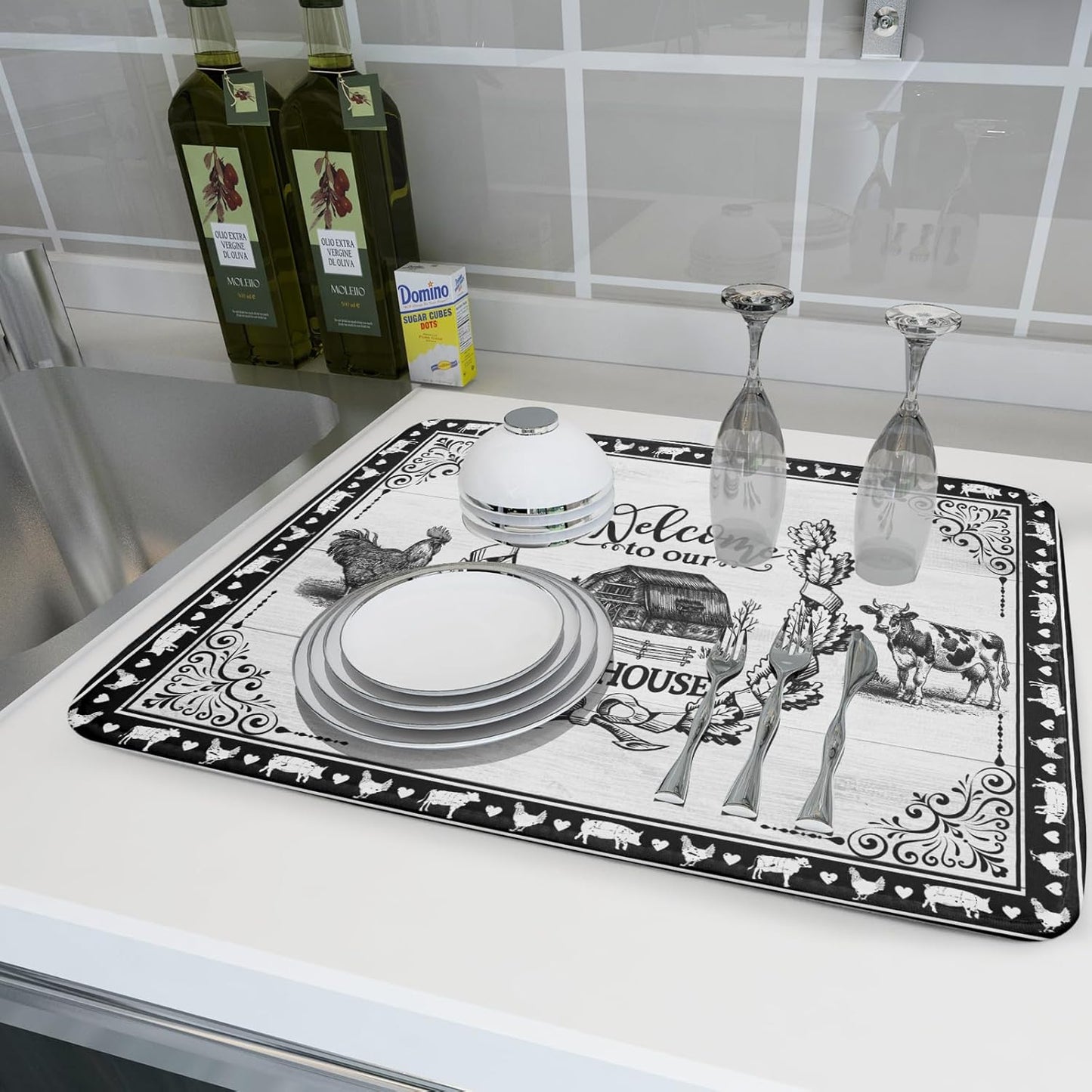 Farm Animal Dish Drying Mat 18x24 Inch Welcome to Our Farmhouse Microfiber Dish Drainer Pads Absorbent Fast Dry Kitchen Accessories