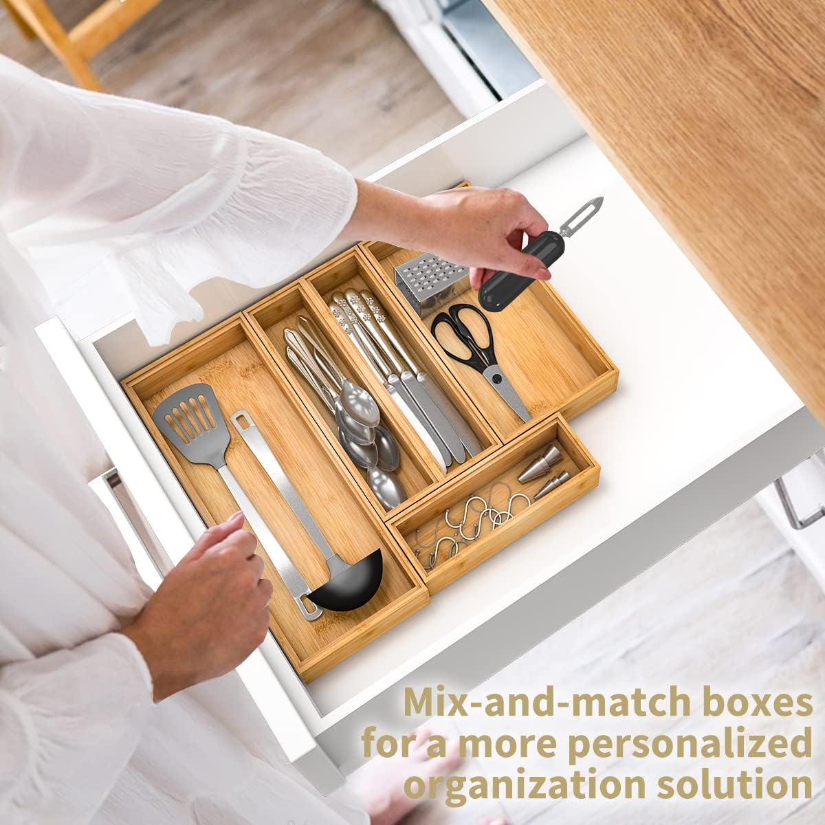 Bamboo Kitchen Drawer Organizer, Stackable Silverware Tray Utensil Organizer Cutlery Holder for Kitchen,Wooden Storage Box for Bathroom, Multi-Use Storage Bins Dividers for Office(12x3x2.5 inch）