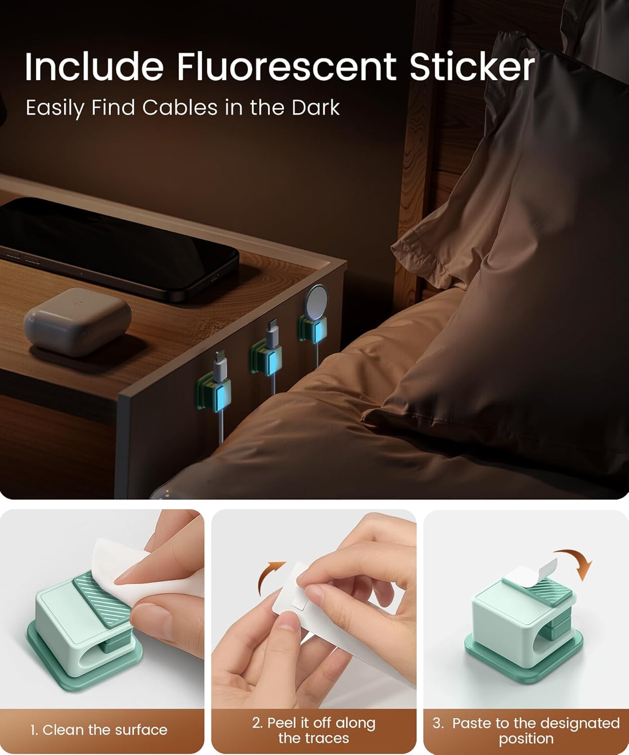 6 Pack Magnetic Cable Clips, Glow in The Dark Cable Holders, GolbinBox Cord Organizer with Shockproof Silicone, Fits up to 8mm Adhesive Cord Clips for Desk, Wall, Nightstand, Car, Home, Office, Green