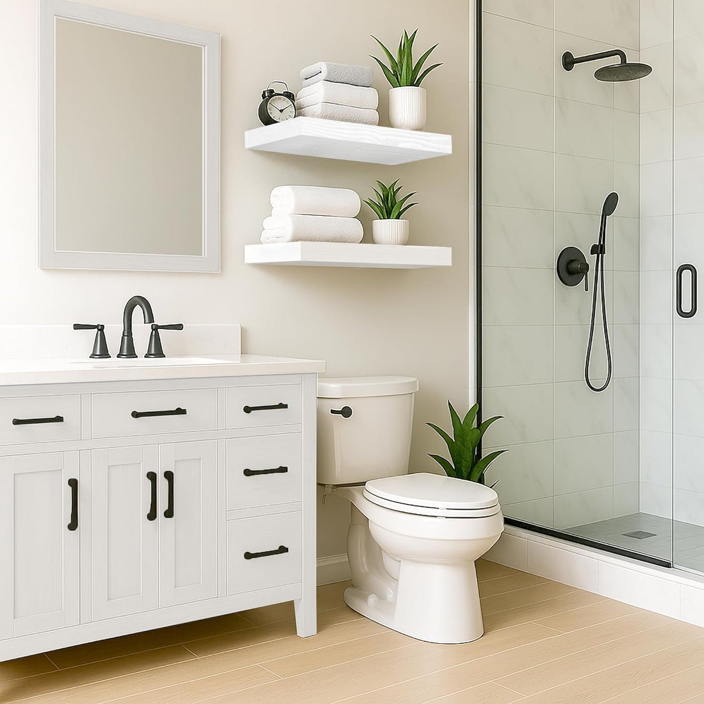 Rustic Floating Shelves 24 inch Long 8 inch deep Set of 2, Solid Wood Wall Shelves for Bedroom Living Room Kitchen,Book Shelf for Wall, Wall Mounted Shelves with Hidden Bracket- White