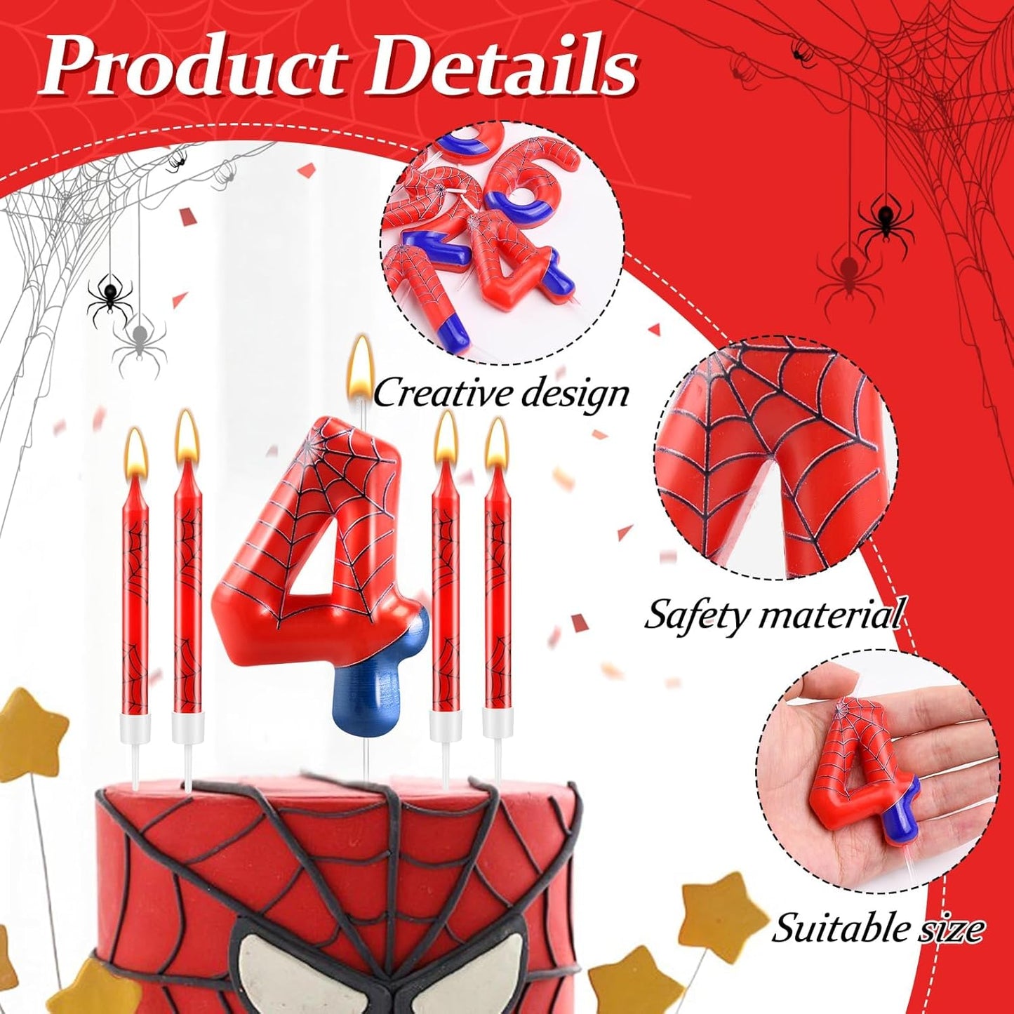 13 Pcs Spider Themed Birthday Candle Set Red Spider Theme Number 4 Candle Cake Topper for Boys Girls Birthday Decoration Spider Party Decoration Supplies (Number 4)