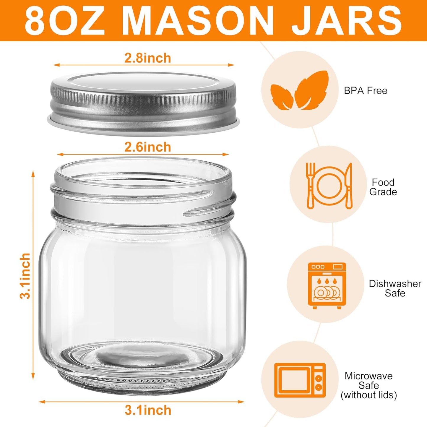 12 Pack Small Mason Jars with Labels, 8 oz Glass Jars with Metal Lids, Half Pint Canning Jars for Jelly, Jam, Honey, Pickles, Spice, Overnight Oats, Food Storage, Candle & DIY Present