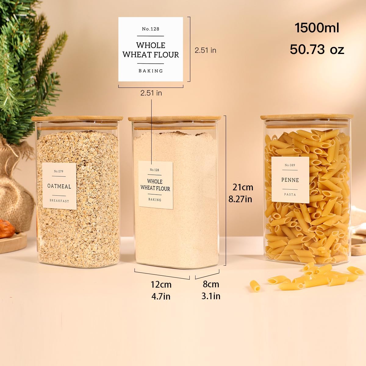 3 Pack Square Glass Pantry Storage Containers with 132 Kitchen Food Pantry Labels - 51 floz Clear Glass Pantry Jars with Airtight Wood Bamboo Lids - Glass Canisters for Candy, Cereal, Coffee, Spice