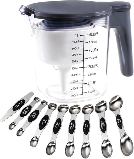 19 Pieces Measuring Cups and Spoons set, Includes 10 Stackable Measuring Cup with Lid and 9 Magnetic Measuring Spoons, Tablespoon for Liquid and Dry, BPA Free, Dishwasher Safe (Black)