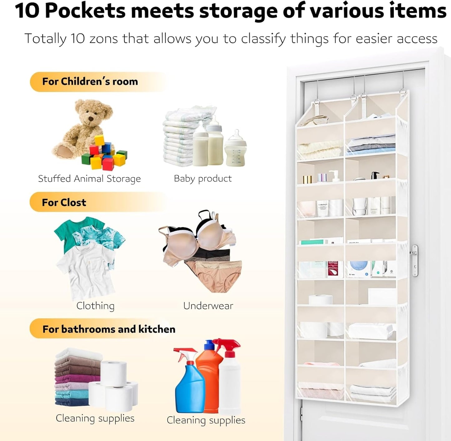 Over the Door Organizer 5 Tiers,Extra Large Behind Door Storage of 10 Compartments,80 lbs Weight Capacity Over the Door Storage, Door Hanging Organizer for Closet, Diaper Organizer, Toy Storage, Beige