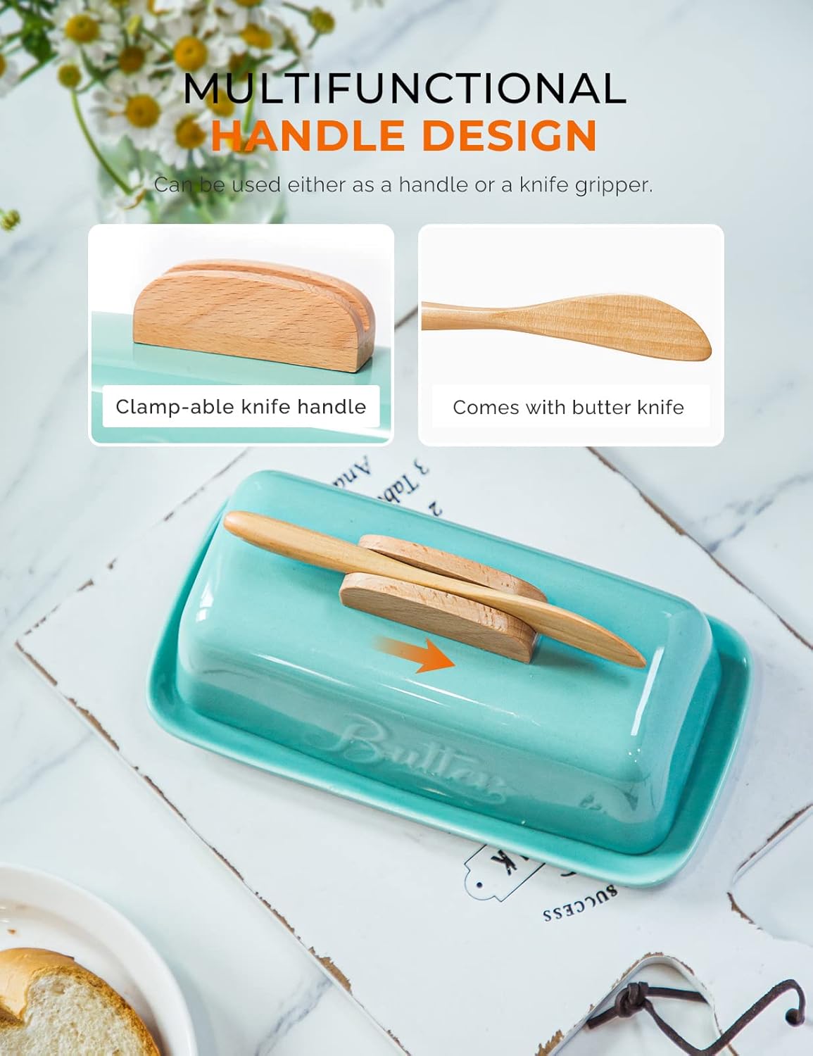 Butter Dish with Lid and Knife Ceramic Butter Holder for Counter Humanized Clamp-able Knife Handle Design, Perfect for East West Coast Butter, Skyblue