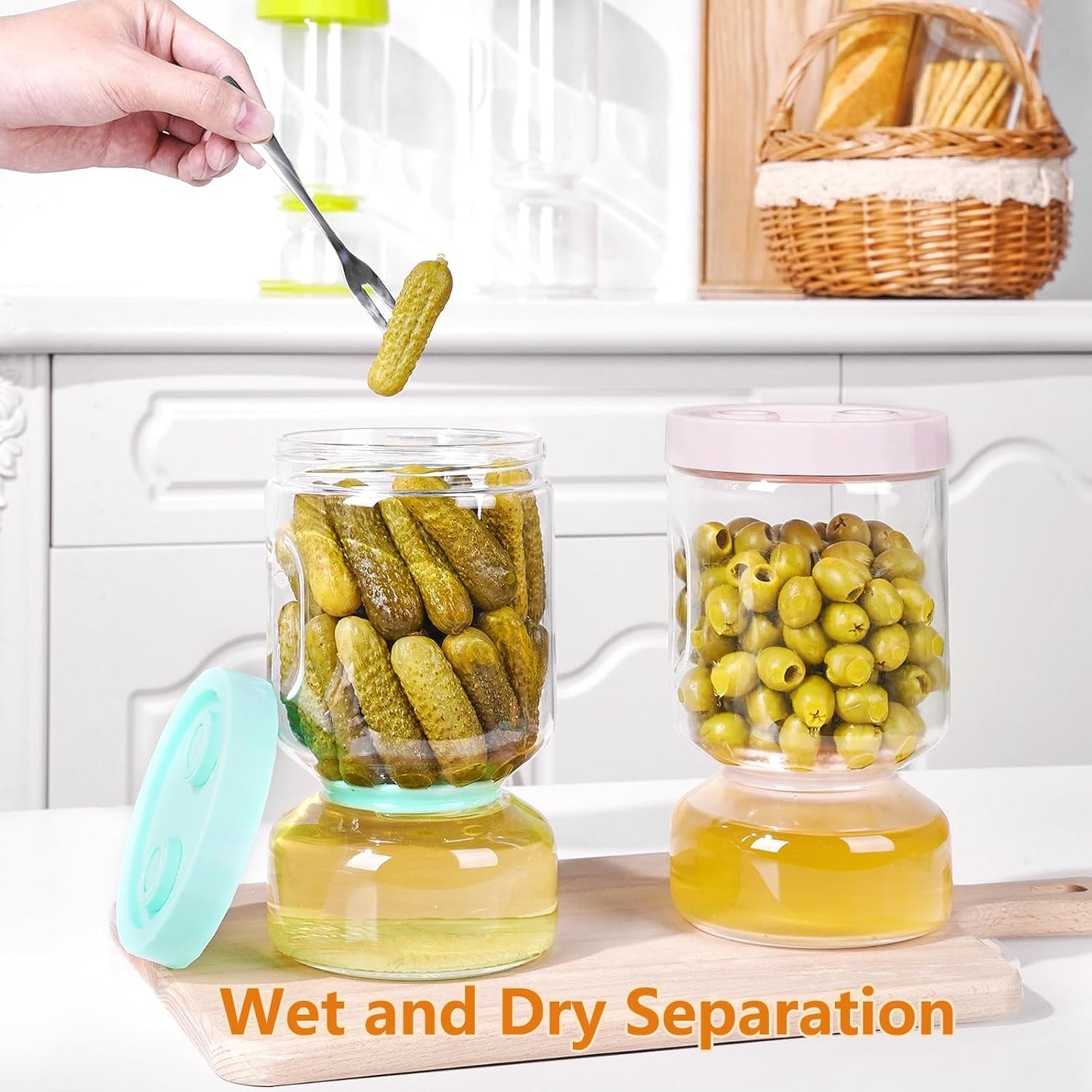 ZENS Pickle Jar with Strainer Flip, 2 Pack 51oz Pickle Container for Olive Juice Separator, Anti-Slip Leakproof Glass Hourglass Jars for Storage Pickles, Jalapeno, Gifts for Mom
