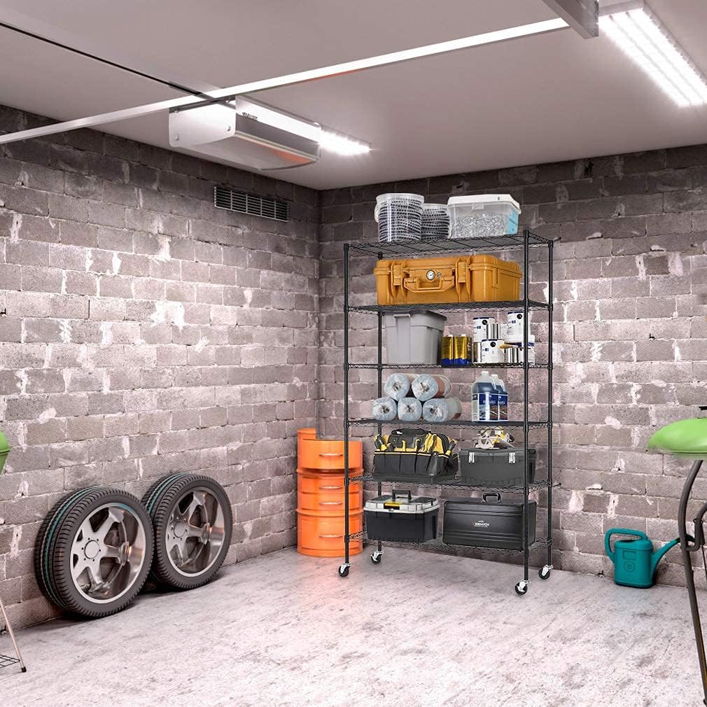 FDW 48"L×18"W×82"H Wire Shelving Unit Storage Cart Metal Shelf Rolling Utility Cart 2100Lbs Capacity with 6 Tier Casters Adjustable Layer Rack Strong Steel for Restaurant Garage Pantry Kitchen,Black