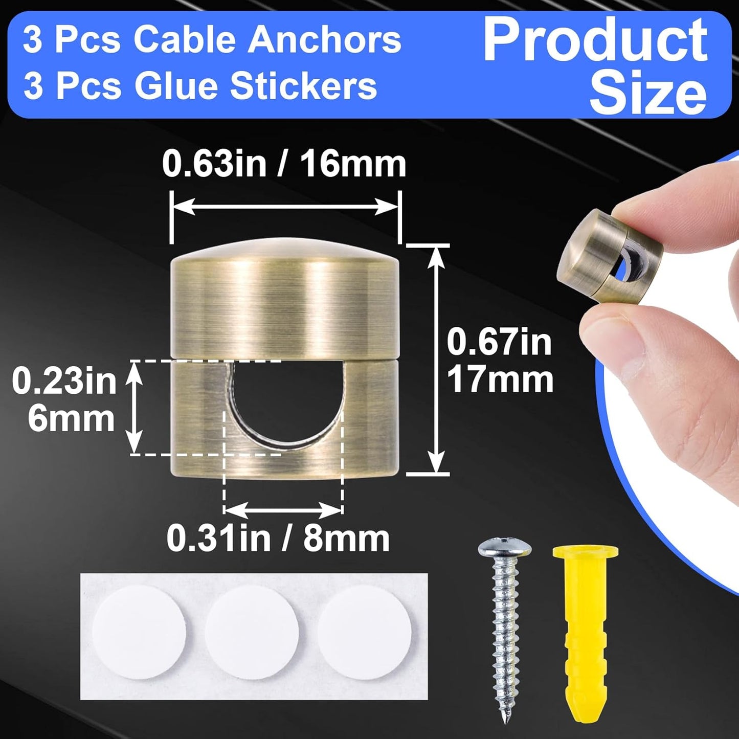 3 Sets Charger Holders for Cords, Antique Copper Color Adjustable Cable Anchor Holders, Adhesive Metal Cord Clips, Cable Management Wire Organizers for Desk, Office, Nightstand