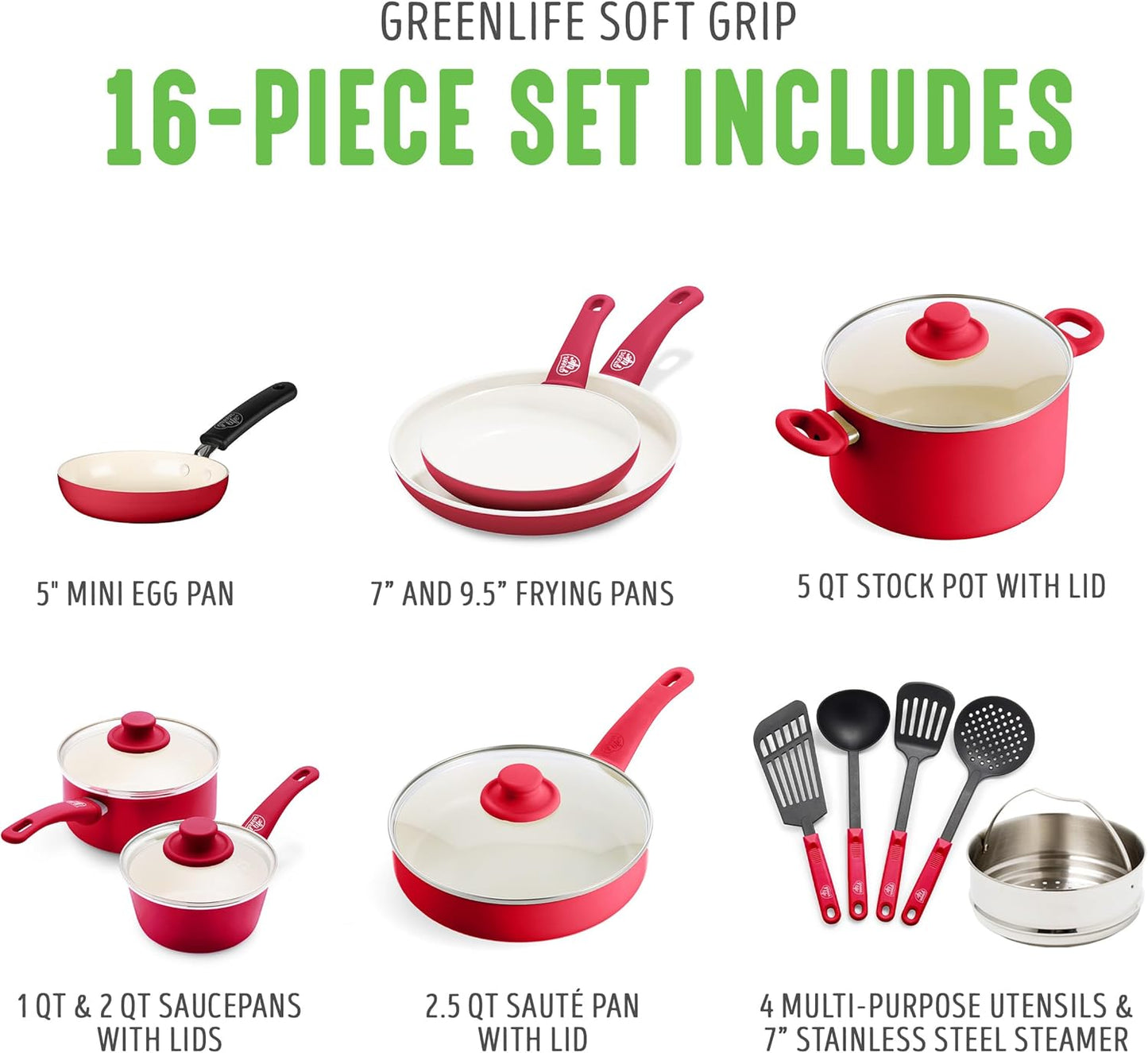 GreenLife 16 Piece Nonstick Cookware Set, Soft Grip Non-Toxic PFAS-Free Ceramic Pots & Pans, Dishwasher & Oven Safe, Frying, Sauce, Saute, Utensils, Glass Lids, Stay-Cool Handles, Wobble Free, Red
