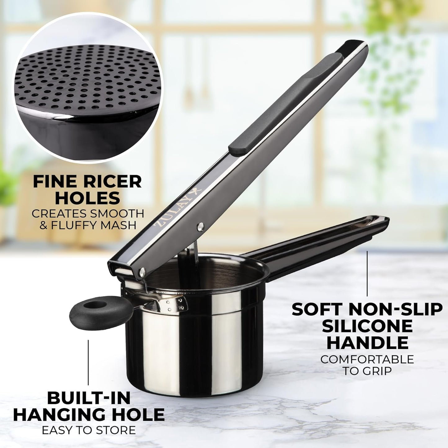 Zulay Kitchen Large 15oz Potato Ricer, Heavy Duty Stainless Steel Potato Masher and Ricer for Mashed Potatoes, Mashed Potato Masher & Potato Press Gadget for Perfect Mashed Potatoes - Metallic Black