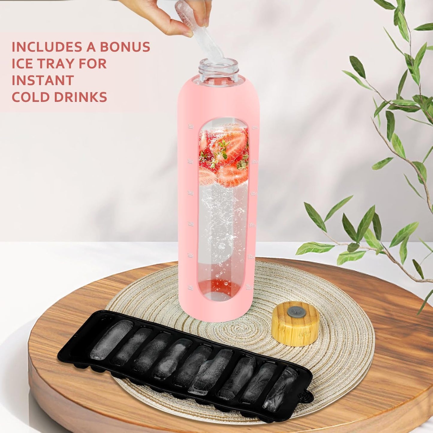 Glass Water Bottles 32 oz - Motivational Drinking Glass Water Bottle with Silicone Sleeve, Straw & 2 Bamboo Lids - 1 Liter Clear Borosilicate Daily Intake Tumbler with Time Marker - Pink