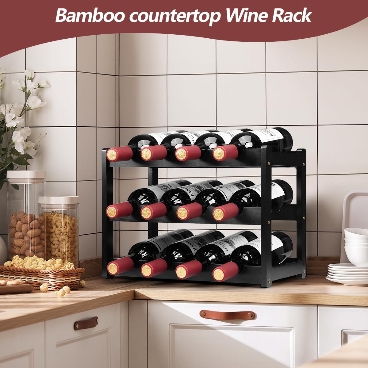 Bamboo Wine Rack, Sturdy and Durable Wine Storage Cabinet Shelf, Wine Racks Countertop for Pantry - 3 Tiers 12 Bottle Wine Rack, Black