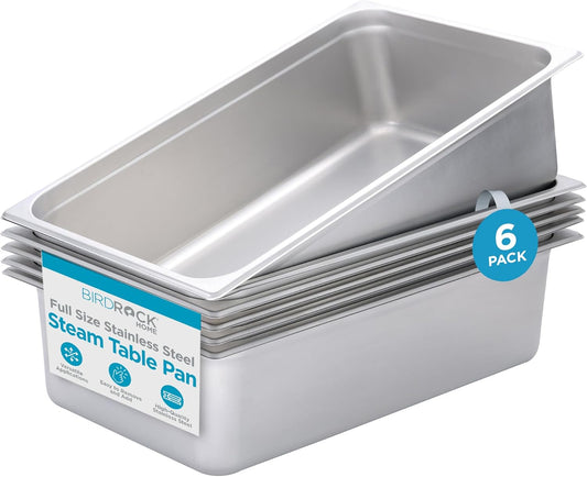 BIRDROCK HOME Stainless Steel Steam Table Pan - Hotel, Restaurant & Catering Supplies - 24 Gauge Steel, 21.3 qt Capacity - Meal Prep, Cooking, & Food Storage Container - 6" Depth, Full-Size (6 Pack)