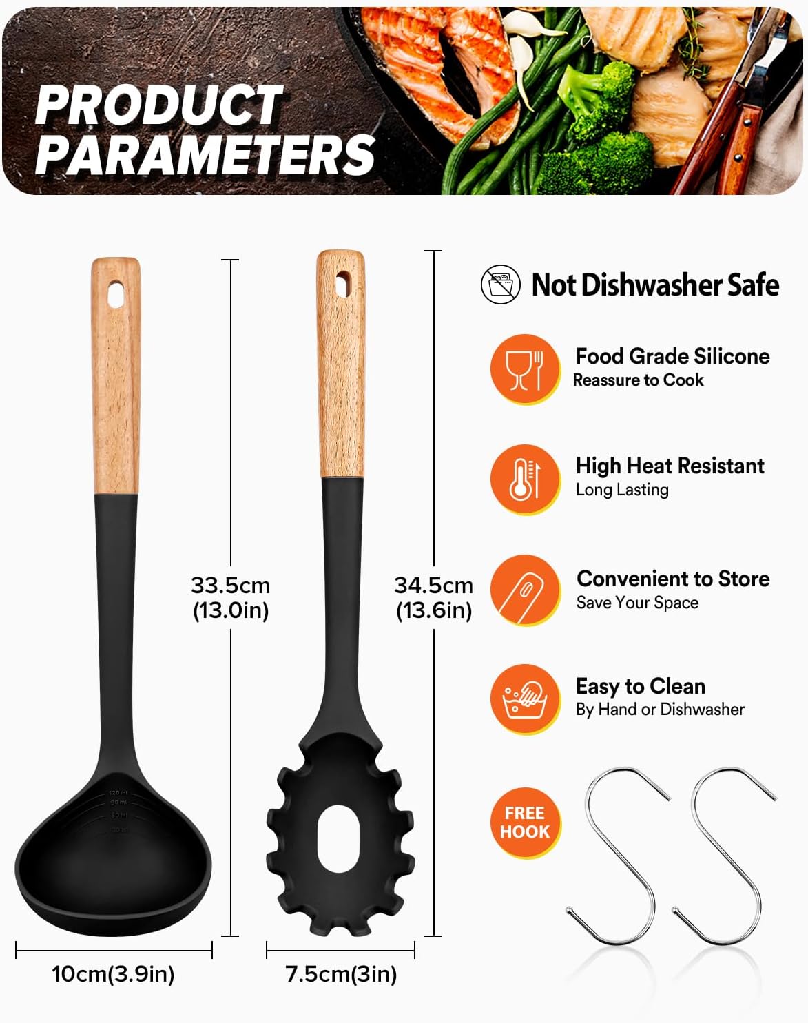Pasta Fork and Ladle Set, Perfect for Serving Hot Soup, Stirring, and Sauce Pasta, BPA-Free Matte Silicone, Wood Handle Spaghetti Spoon for Nonstick Cooking Surfaces (Black)
