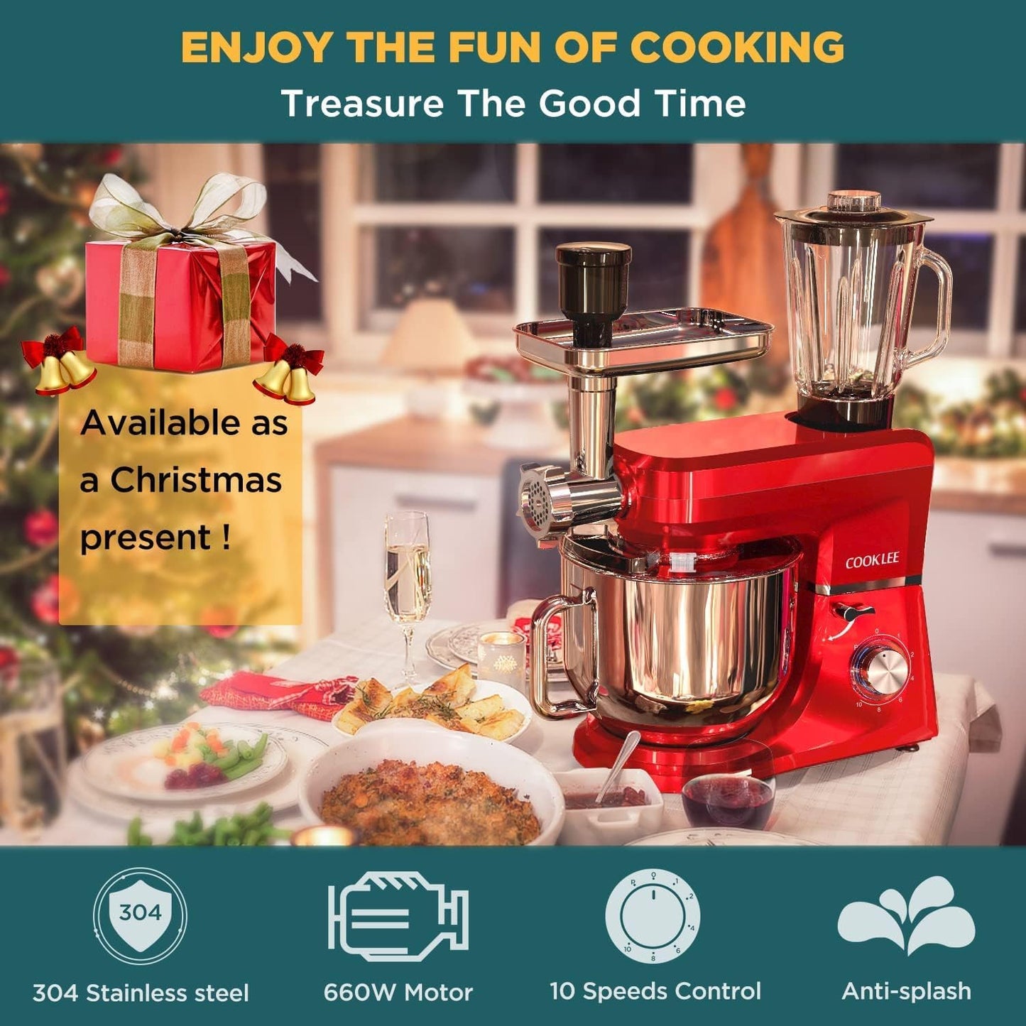 COOKLEE 6-IN-1 Stand Mixer, 8.5 Qt. Multifunctional Electric Kitchen Mixer with 9 Accessories for Most Home Cooks, SM-1507BM, Ruby Red