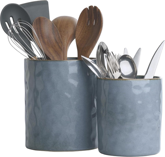 famiware Ocean Utensil Holder, 7.2"+5.8" Ceramic Kitchen Utensil Holder for Countertop, 2 Pieces Cooking Utensil Crocks, Utensil Organizer for Spatula & Spoon, Kitchen Decor, Set of 2, Blue