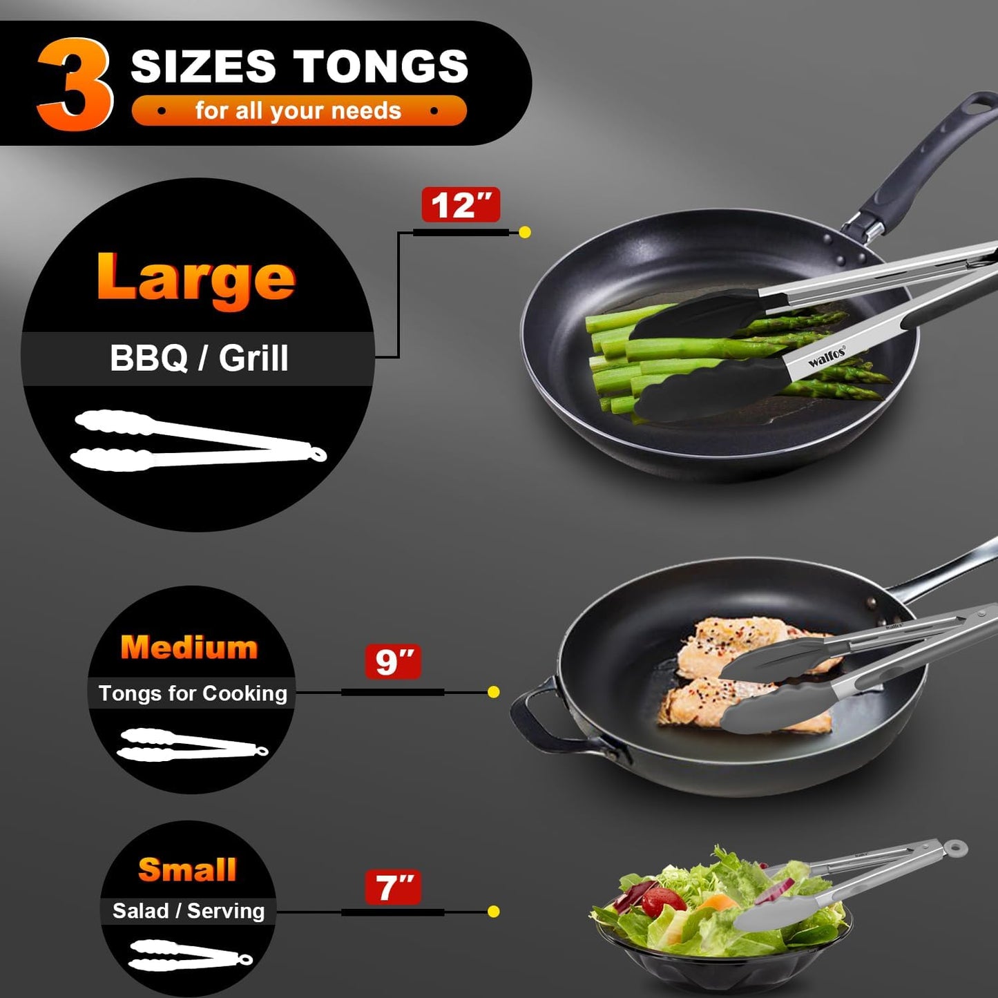 Heat Resistant Silicone Tongs Set - 600 Degrees, Kitchen Tongs for Cooking, Grilling, Turning - Stainless Steel and BPA Free Silicone Tips (7", 9" and 12 inch)