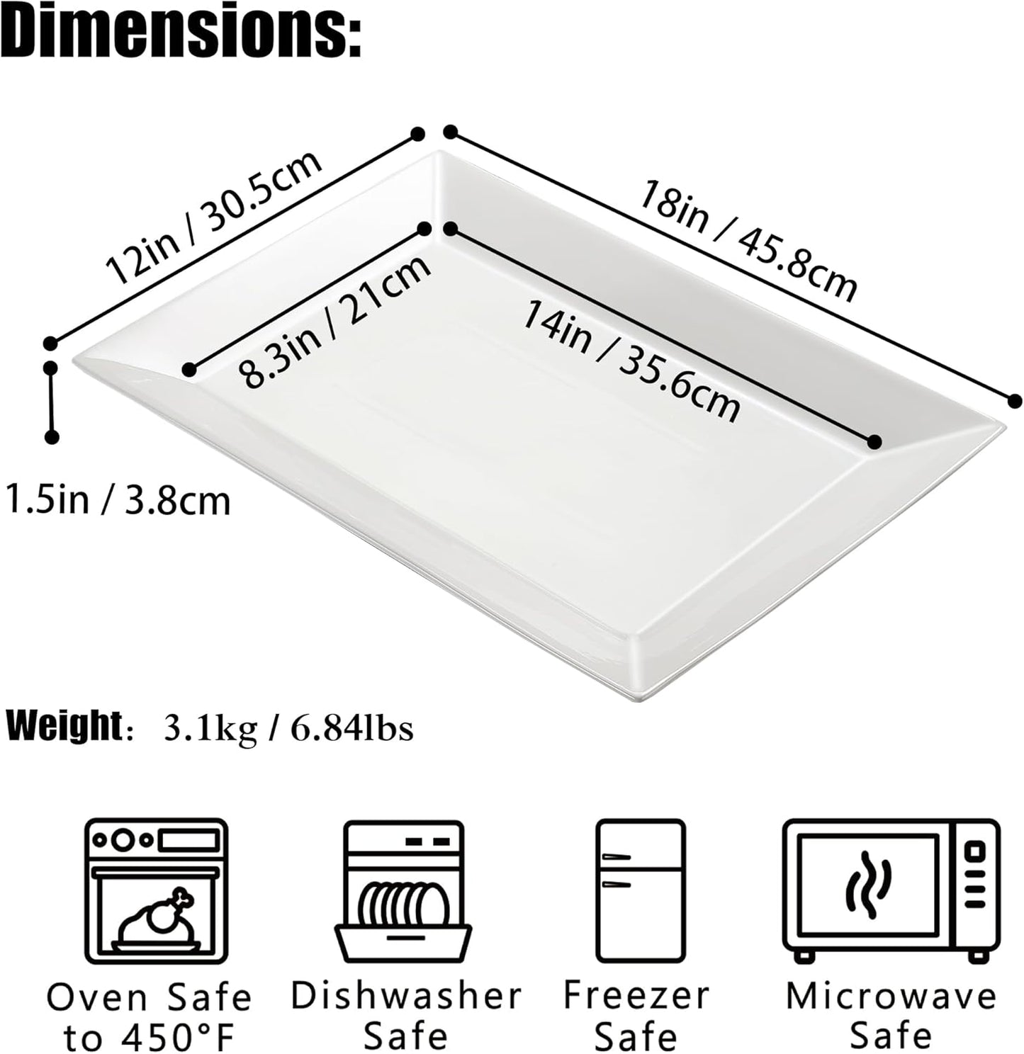 18" x 12" Large Serving Platters Set of 2, Porcelain Heavy-Duty Large Serving Trays, White Rectangular Plates for Turkey, Food, Fruit, Party, Wedding, Christmas, Chip and Scratch Resistant