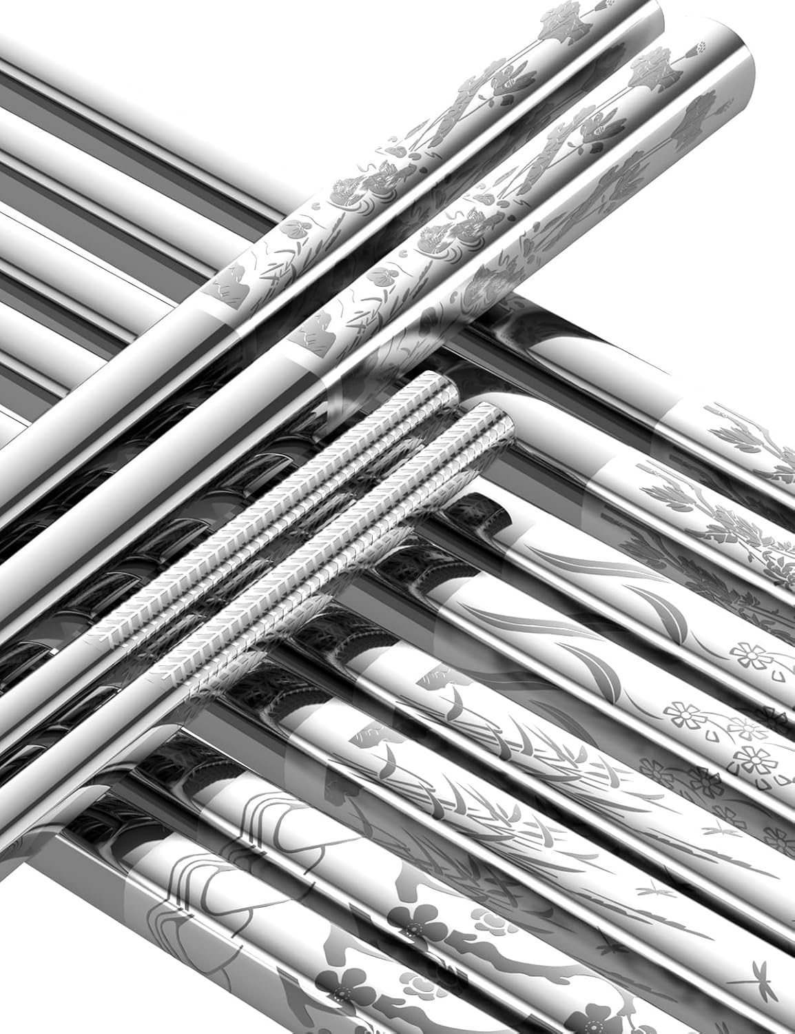 Metal Chopsticks Reusable 18/8 stainless steel Chopsticks 5 Pairs Classical Oriental Floral Dishwasher Safe Lightweight Non-Slip Chop Sticks 9 1/4 Inches Present Set