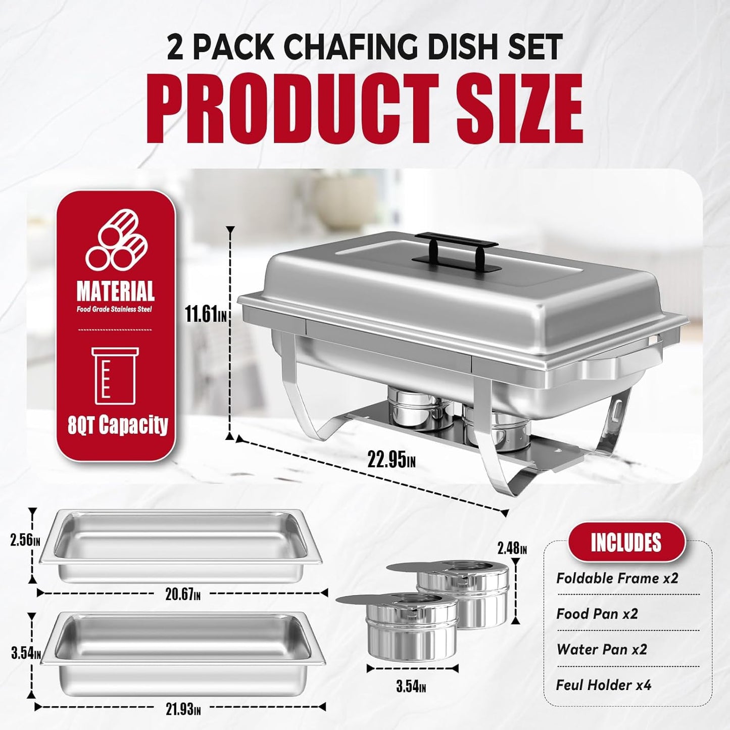 Chafing Dish Buffet Set of 2, 8QT Stainless Steel Rectangular Chafers and Buffet Warmer Sets for Catering, with Food & Water Pan, Lid, Foldable Frame, Fuel Holder for Event Party Holiday