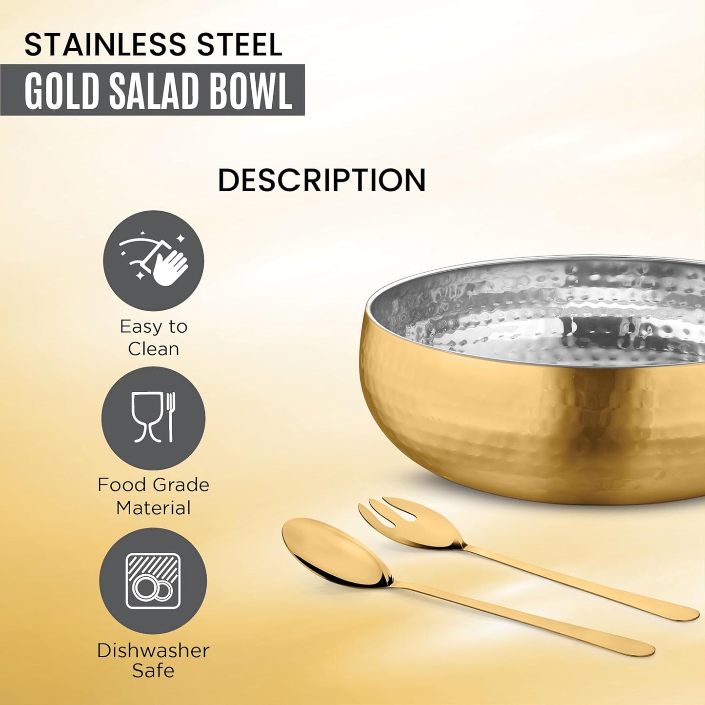 Avador® Set of 3 Premium Stainless Steel Salad Mixing Bowl Hammered Finish | Handmade | Includes Salad Serving Utensils (Gold Plated)