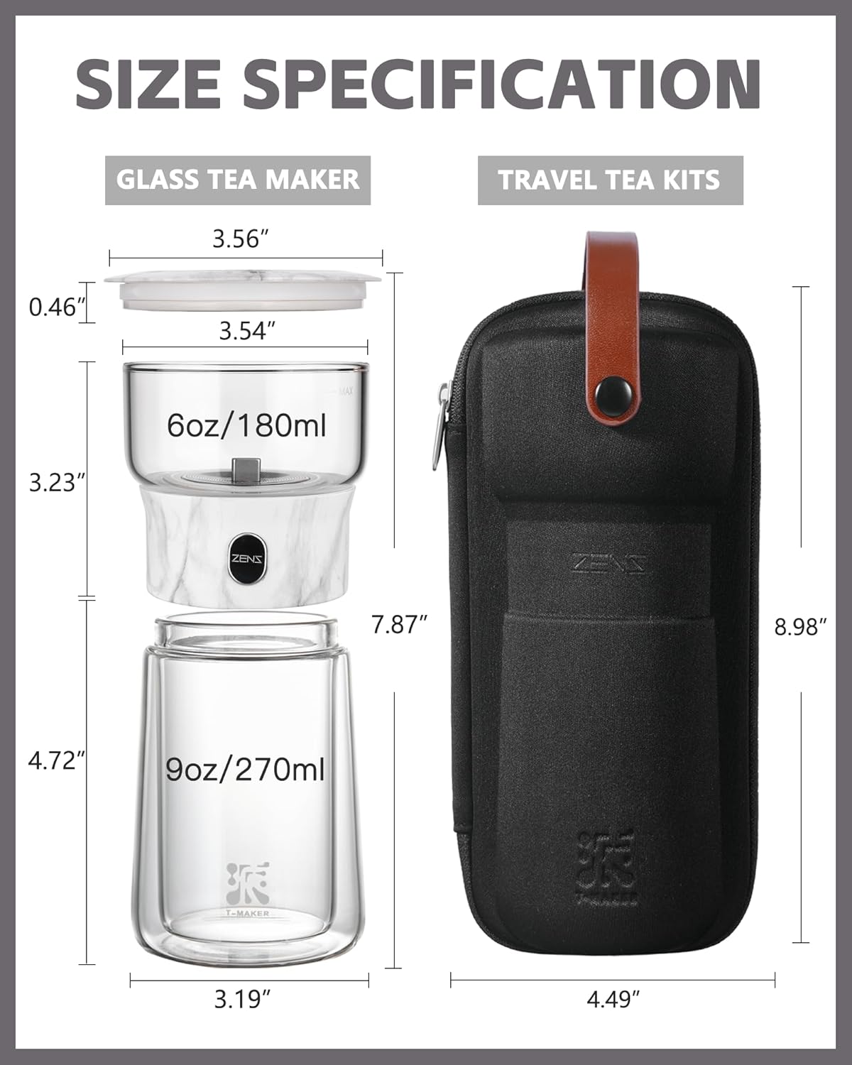 ZENS Modern One Touch Tea Maker, Glass Teapot with Infuser for Loose Leaf Tea Diffusers, Mess-Free Smart Pouring with Insulated Mug and Portable Tea Kits for Tea Lover Gifts