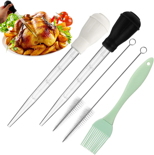 Boao 5 Pieces Nylon Heat-resistant Turkey Baster Cooking Set Includes Meat Baster, 1 Silicone Basting Brush and 2 Cleaning Brush for BBQ Grill Baking Kitchen Cooking(Black, White)