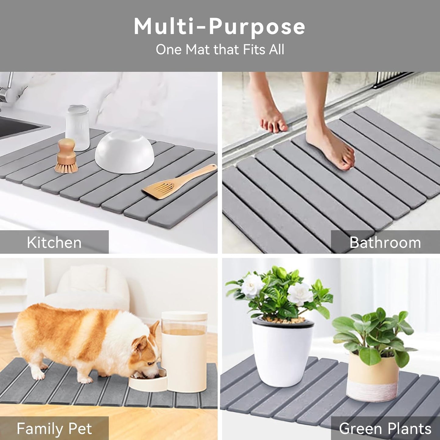 Large Fast Dry Stone Mat, 24" x 16" Drying Board Diatomaceous for Kitchen Counter, Dish Drying Mat, Bathroom Absorbent Pad, Drying Stone Mat for Kitchen, Utensils, Vegetable, Fruits, Gray