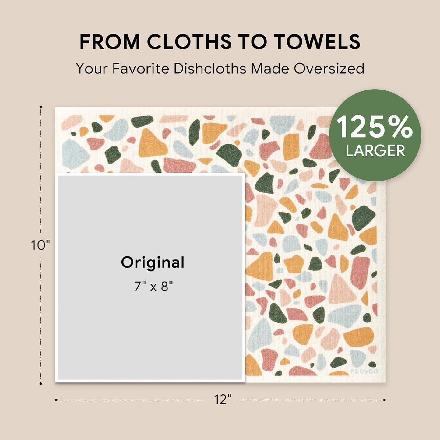 RECYCO Swedish Dishcloths for Kitchen | 4 Pack Oversized Washable Dish Rags | Large Cellulose Reusable Cleaning Paper Towels | Absorbent Counter Dish Cloth Sponge XL Kitchen Wipes, 12" L x 10" W