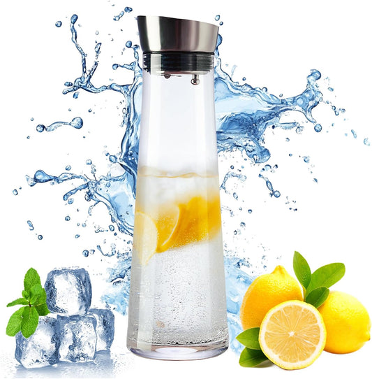 Glass Water Carafe with Lid,1200ml Glass Juice Pitcher with Stainless Steel Gravity Lid,Clear Water Pitcher for Ice Tea, Lemonade, Coffee,Juice Beverage,40 oz
