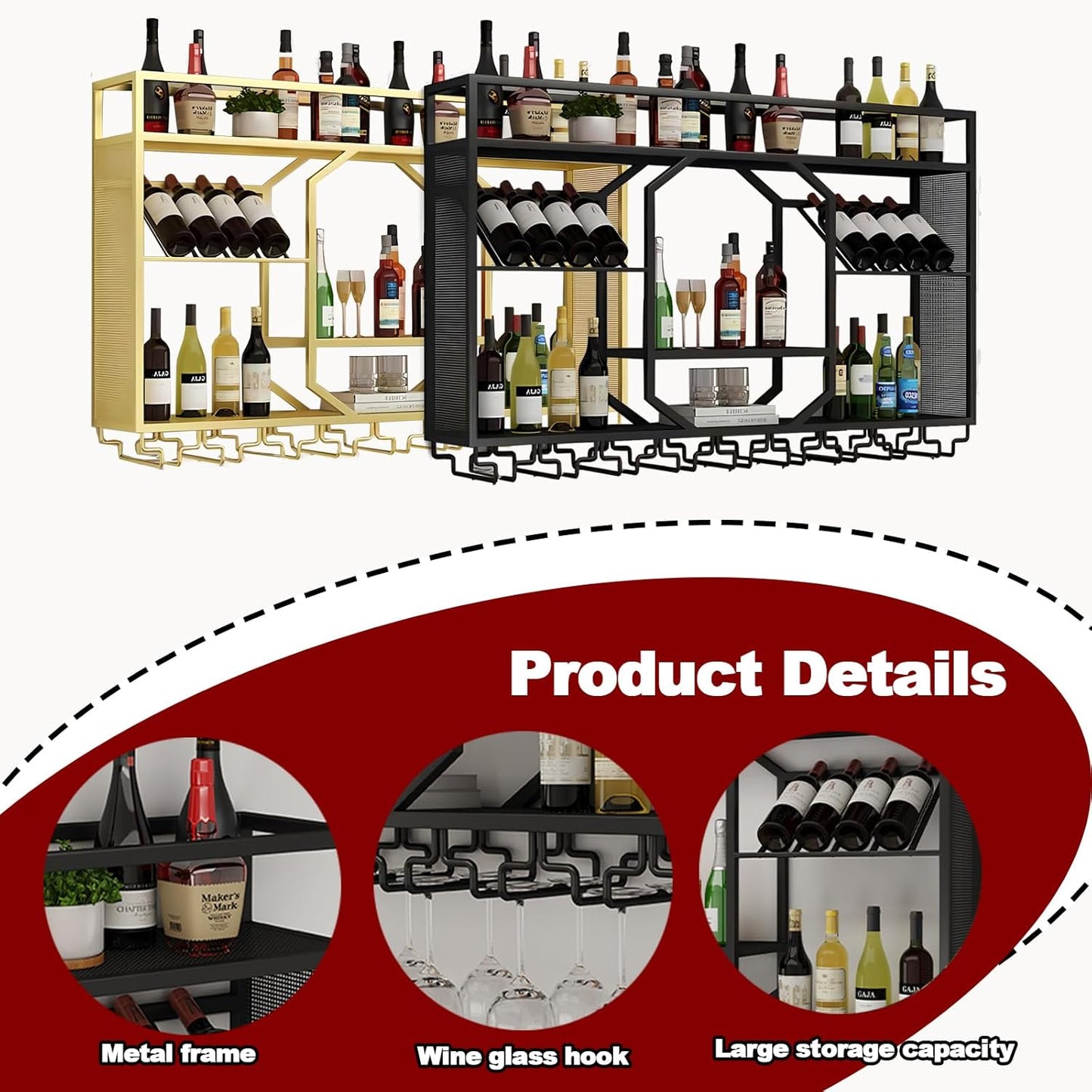 Wall Mounted Wine Rack, 3-Tiers Metal Bar Bottle Holder, Modern Wine Glass Storage Display Shelves, Wall Wine Rack for Kitchen Bar Dining Rooms Decoration ﻿ (Gold, 63in/160cm)