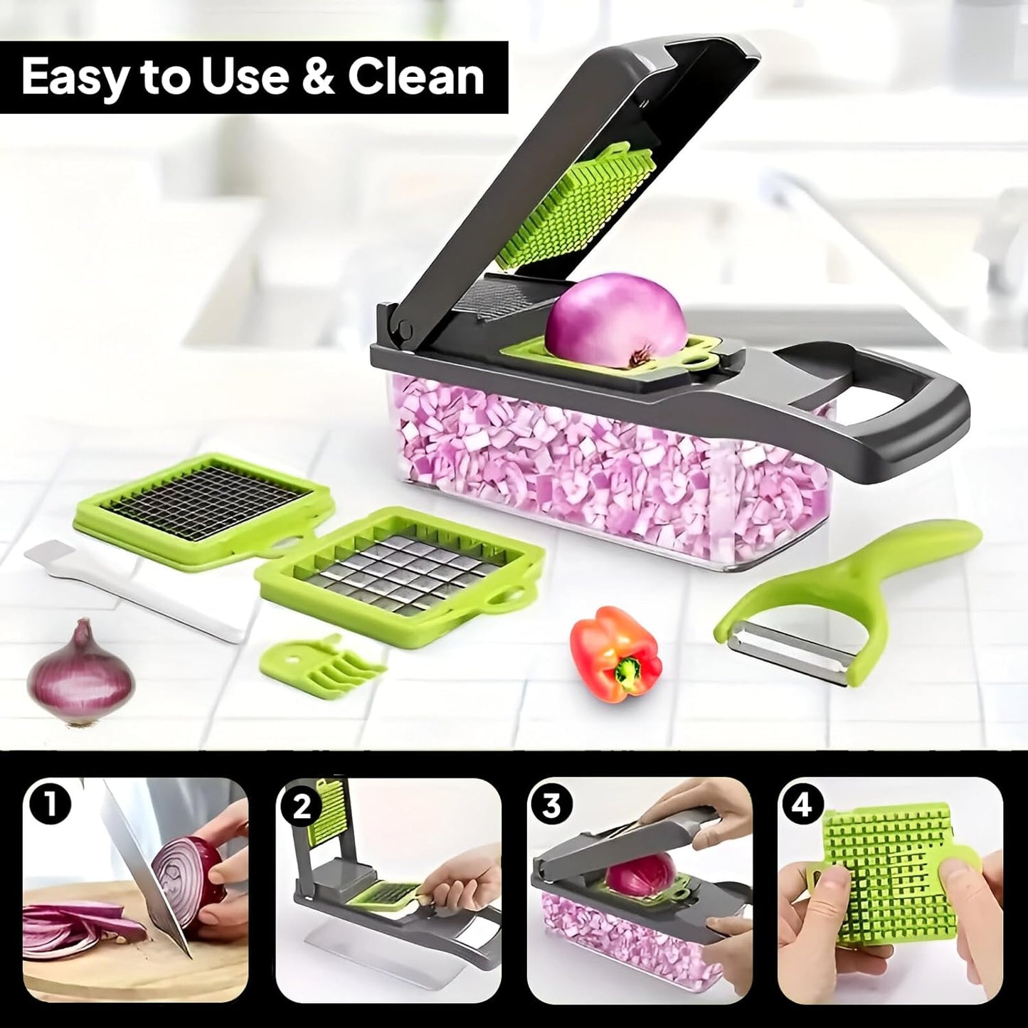 Vegetable Chopper with Container – 16-in-1 Food Dicer and Multi-Blade Cutter for Vegetables, Fruits, Cheese by Purest Peak