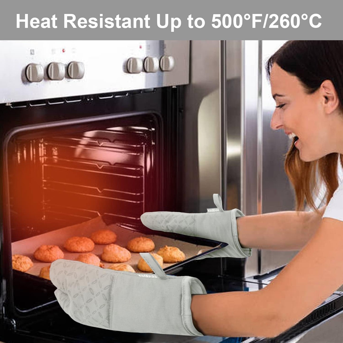 KEGOUU Oven Mitts and Pot Holders 6pcs Set, Kitchen Oven Glove High Heat Resistant 500 Degree Extra Long Oven Mitts and Potholder with Non-Slip Silicone Surface for Cooking （Greenish Gary）