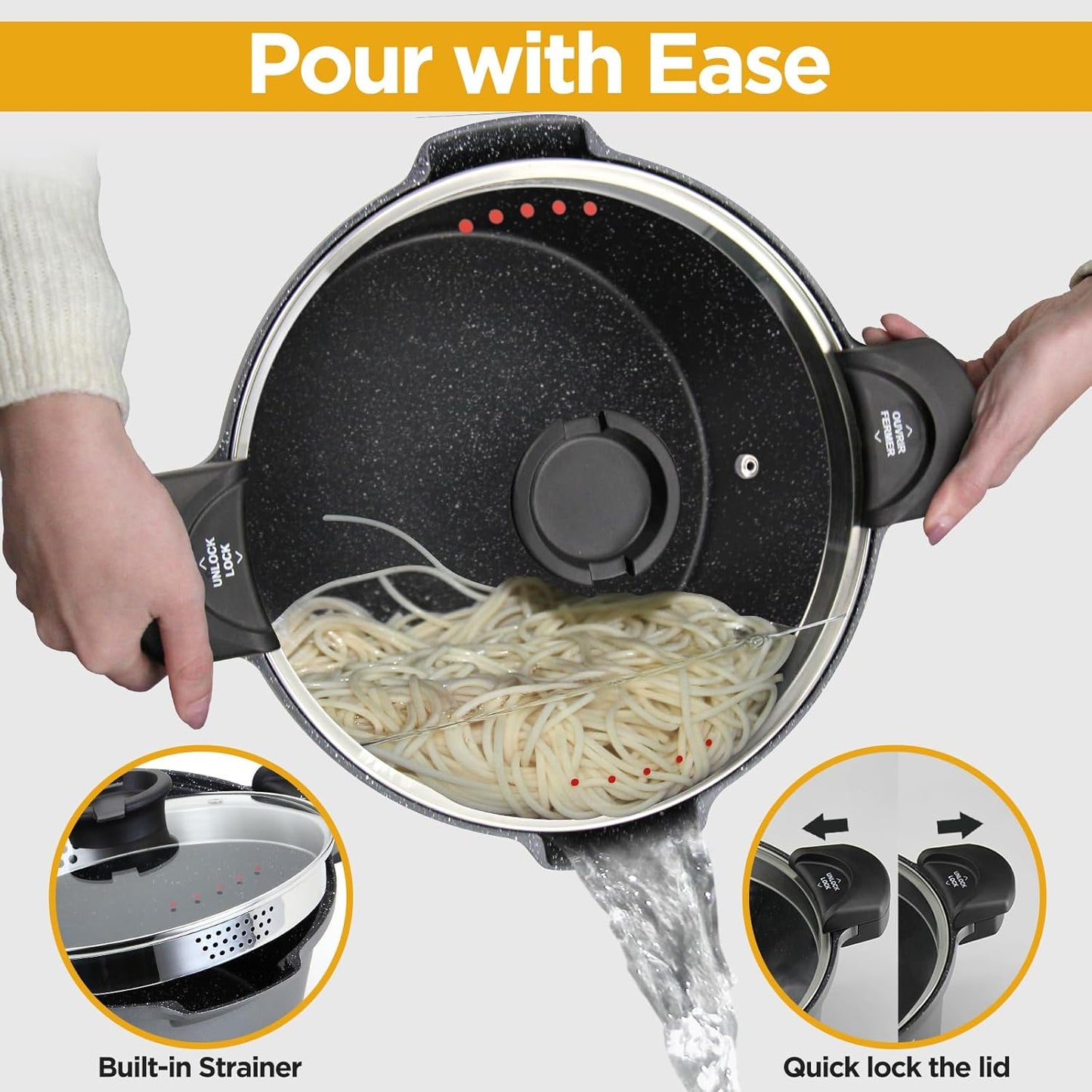 8.5QT Pasta Pot with Strainer Lid, 11'' Cast Aluminum Nonstick Multipurpose Stock Pot Spaghetti, Self-Draining Cooking Pot with Insulated Handles for Soup, and Boiling