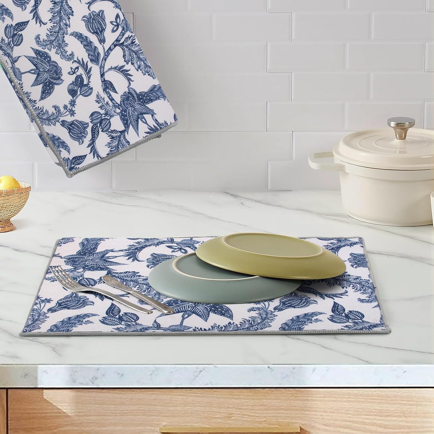 2 Pack Dish Drying Mat, 18" X 16" Blue and White Porcelain Dish Draining Mats, Small Dish Drying Mat,Drying Dish Mat, Self Drying Mat For Kitchen Counter