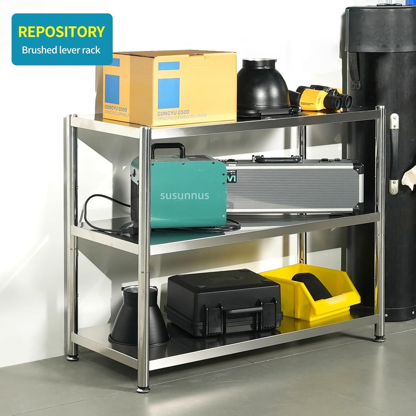 susunnus 3-Tier Stainless Steel Shelf, Heavy Duty Shelving for Kitchen, Garage, Industrial Storage, Kitchen Shelves Adjustable Feet, Easy to Clean(35.8in*15.8without Guardrails)