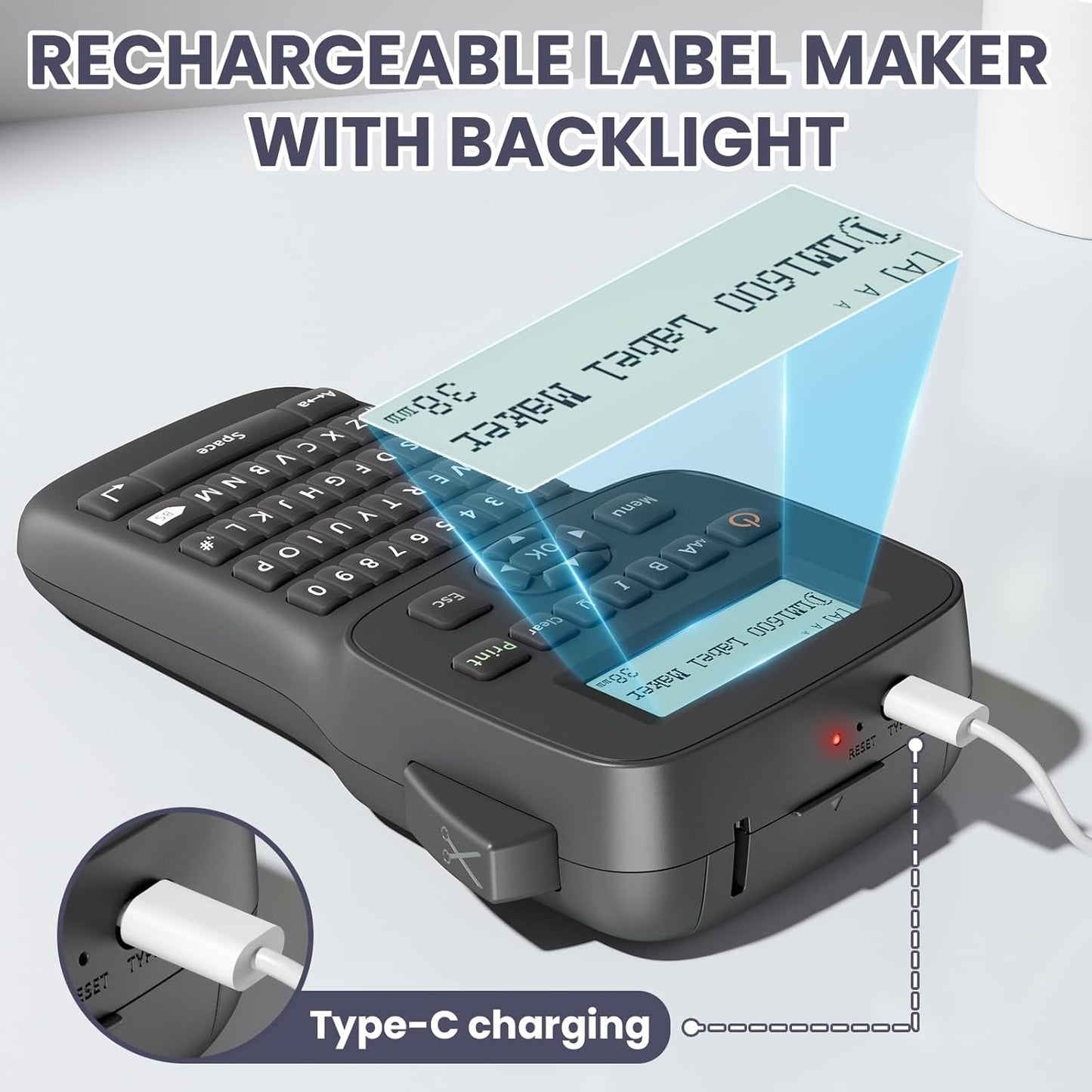 Label Maker Machine with-Tape Waterproof, Rechargeable Label Maker Portable, Keyboard Label Makers with Backlit Screen, Bluetooth Labeler for School Office Industrial Use, LM1600 Black