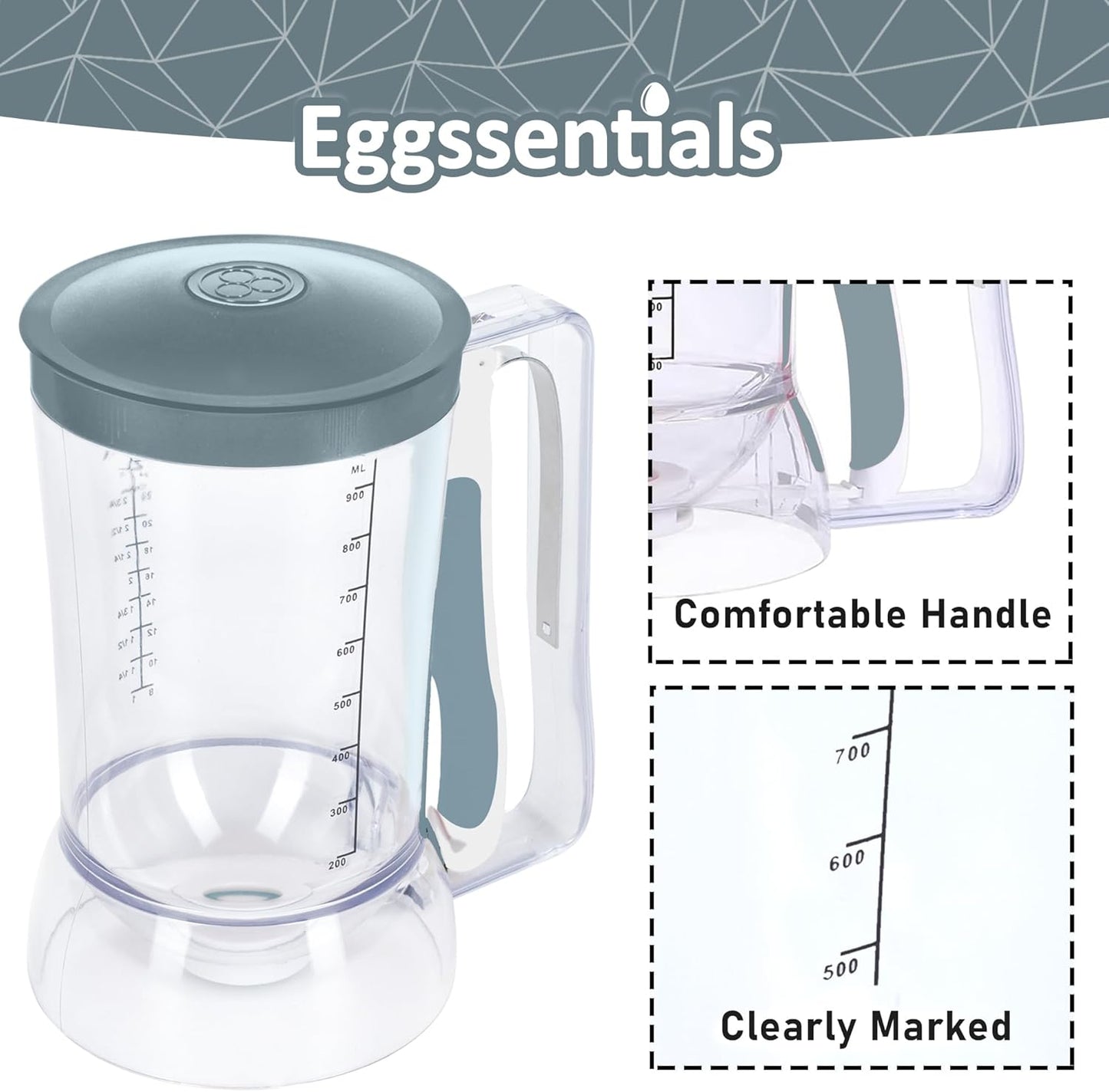 Eggssentials Pancake Dispenser – Easy Control Cake Mix Dispenser for Baking – Drip-Free Muffin & Cupcake Batter Dispenser with Handle – Great for Griddle Pancakes - Grey Color