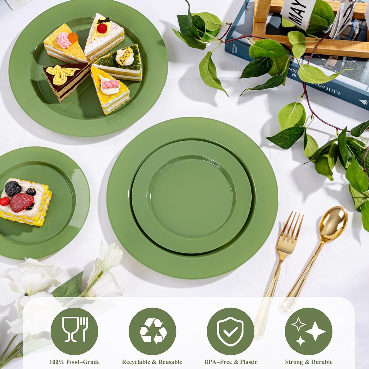 I00000 102 Pcs Green Plastic Plates, Green Disposable Plates Include 51 Dinner Plate 10’’ and 51 Dessert Plate 7’’ Perfect for Birthday, Party & Wedding
