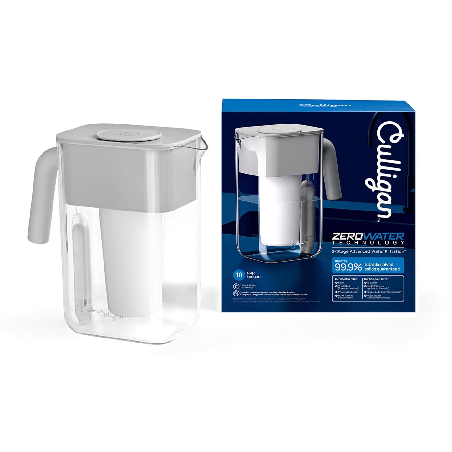 Culligan with ZeroWater Technology 10-Cup Water Filter Pitcher – Includes 5-Stage Advanced Water Filter, IAPMO Certified to Reduce Lead, Total PFAS (Forever Chemicals), Mercury, Fluoride, and Chlorine