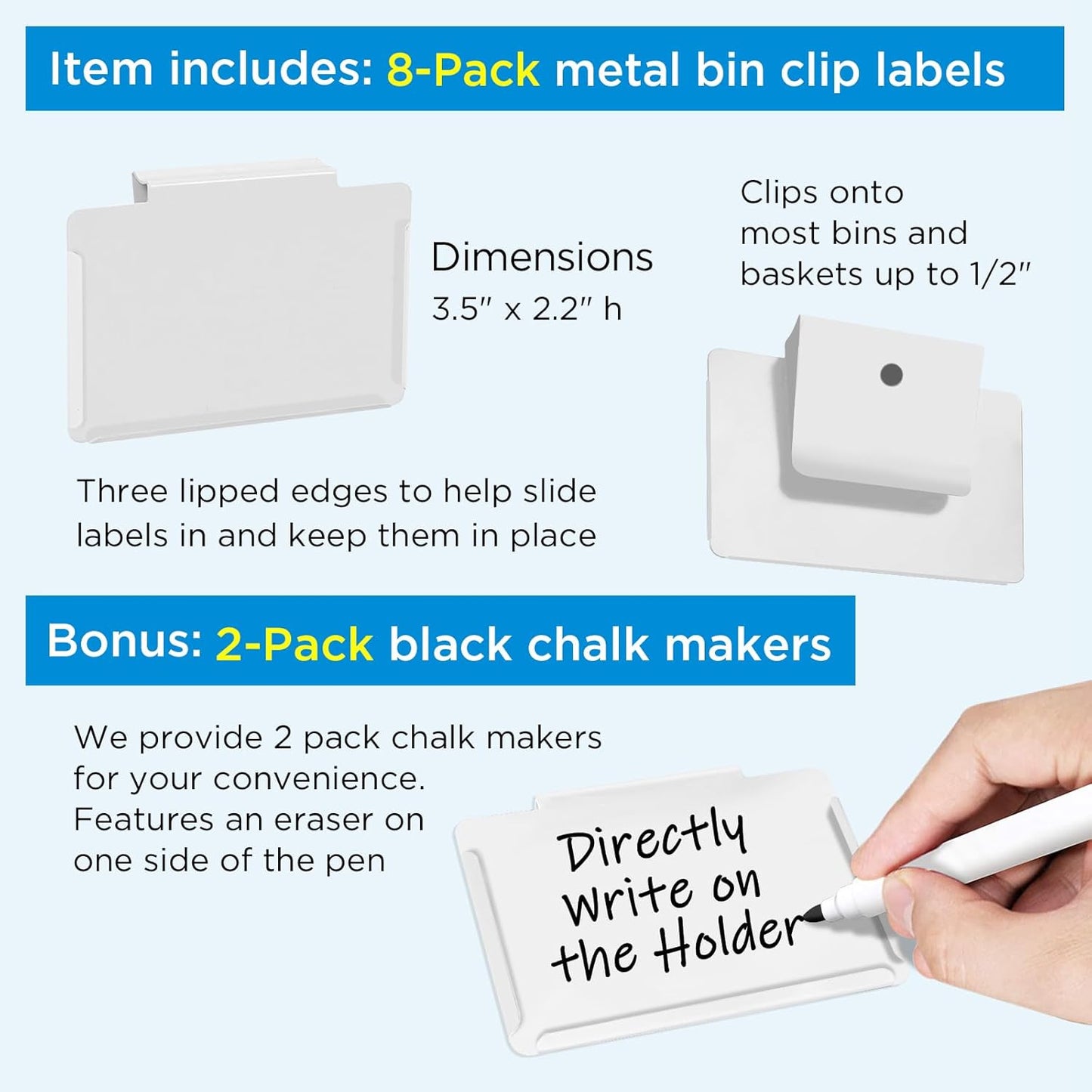 Metal Pantry Baskets Labels Clip On for Storage Bins | Edge Fold-Cream (Edge Fold-White, 8 Metal Label Clip)