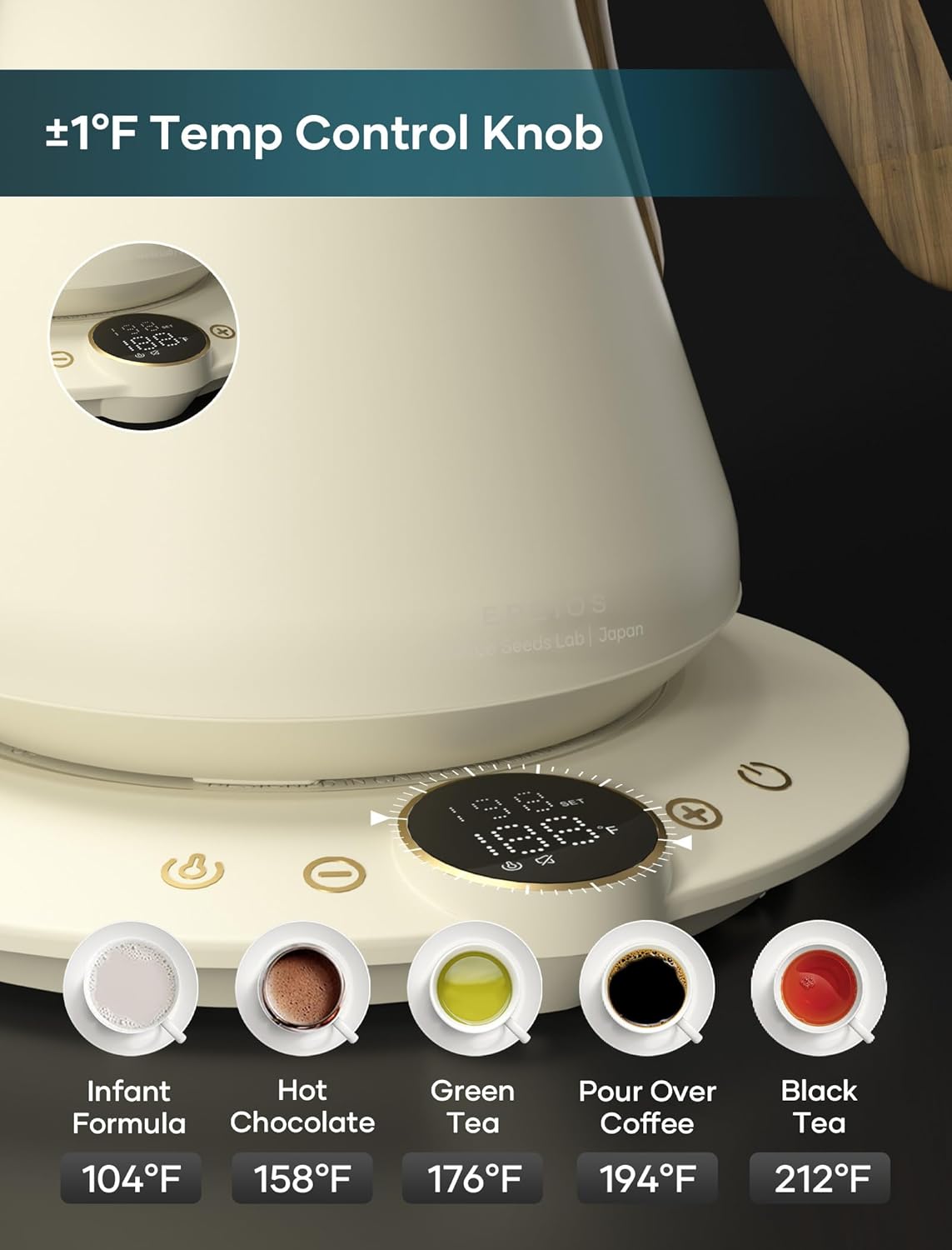 Electric Kettles, INTASTING Gooseneck Electric Kettle, ±1℉ Temperature Control, Stainless Steel Inner, Quick Heating, for Pour Over Coffee, Brew Tea, Boil Hot Water, 1500W/0.9L (Morandi White)