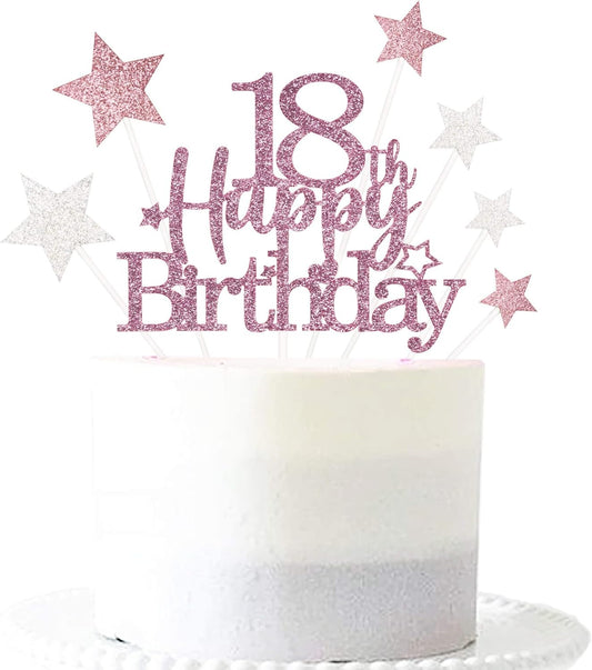 Glittery 18th Happy Birthday Cake Topper with Star,Personalised 18 Birthday Cake Toppers Party Decorations Party Supplies for Boys Girls Rose Gold