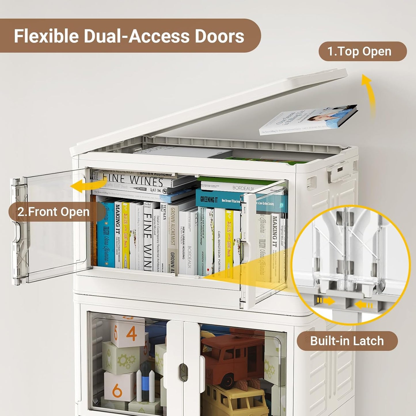 345Qt Stackable Storage Bins with Individual Lids & Wheels, Large Plastic Collapsible Latching Boxes Closet Organizers and Storage Cabinet Shelves Units for Home Kitchen Dorm, 3-Pack White