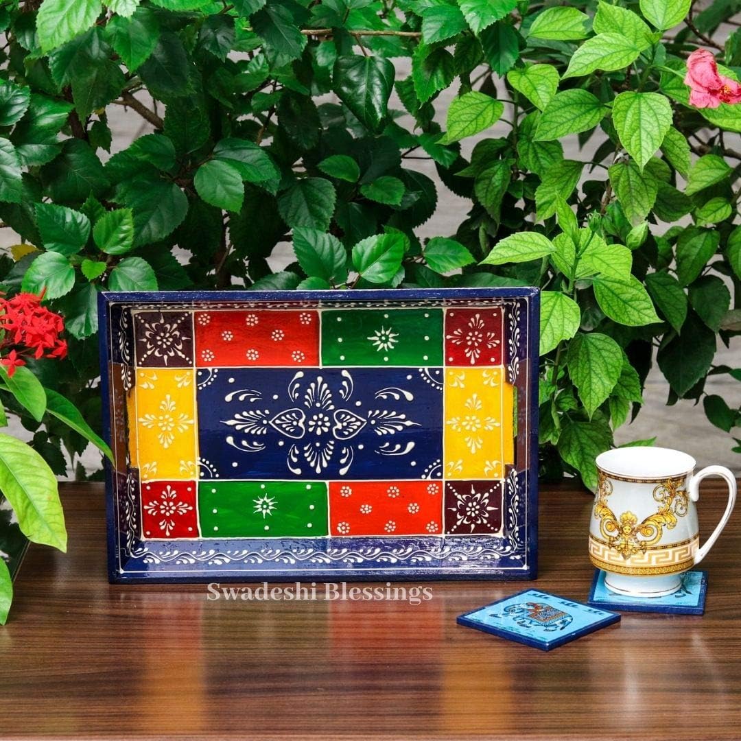 Swadeshi Blessings Wooden Serving Tray Set- Handcrafted & Hand-Painted for Kitchen/Table & Home Decor/Dinning/Gifts/Restaurants/Living Room/Coffee Table (Set of 3 Trays) (Blue)