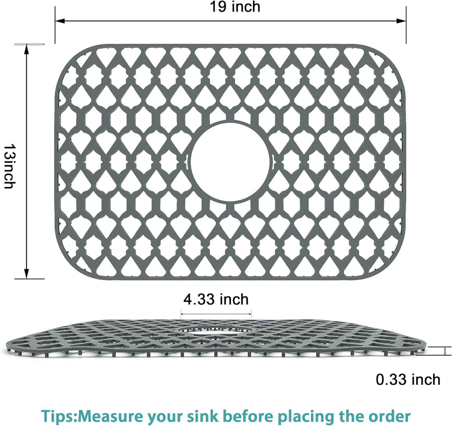 Sink Protectors for Kitchen Sink 13x11 &16x12 &19x14 &22x13 &24x13 &26x14 &28x14 &30x16, Large Silicone Sink Mats Grid for Bottom of Farmhouse Sink (19”x13”, Center Drain)